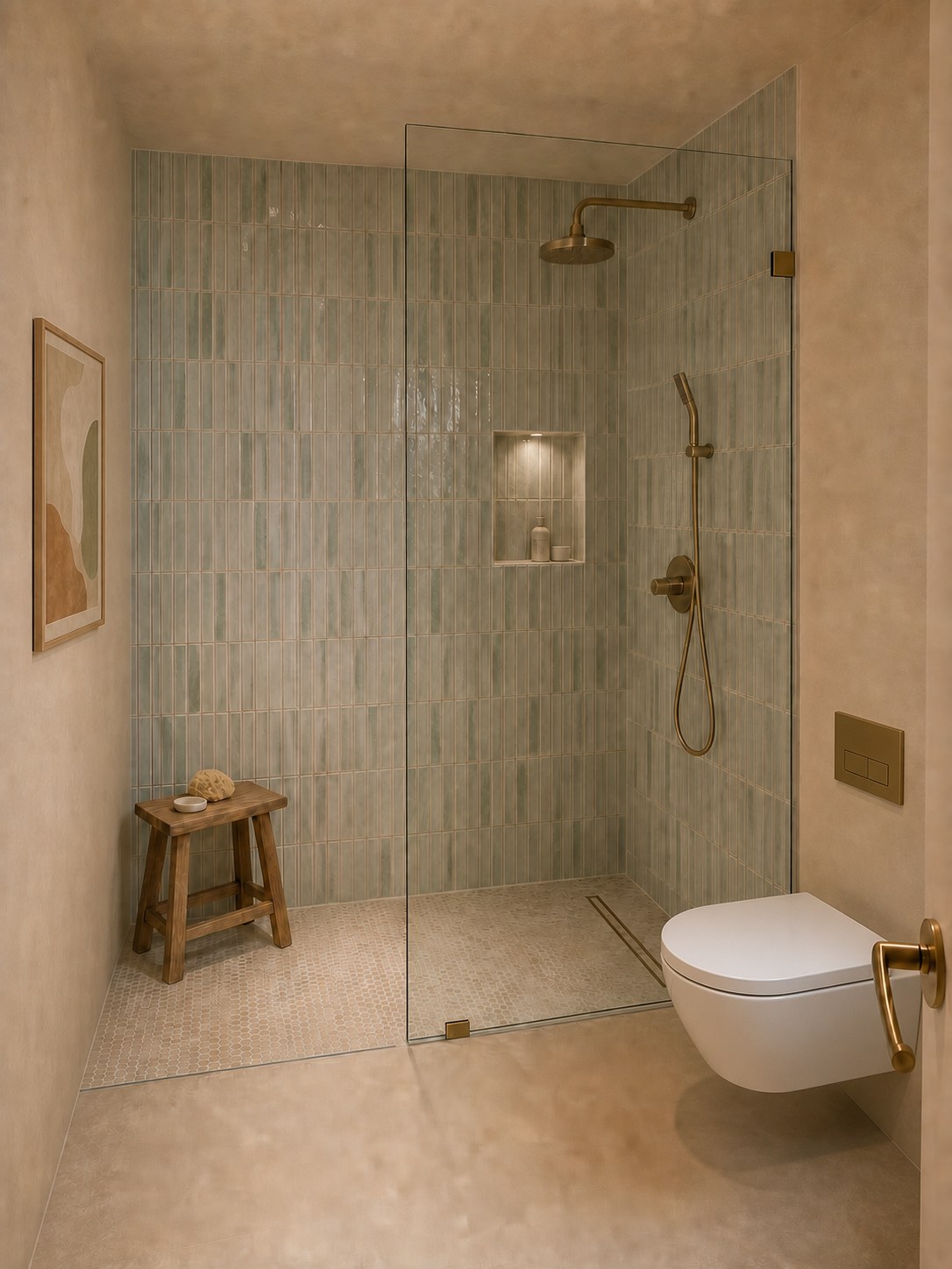 Design visualization of the primary bathroom shower with coordinated warm finishes