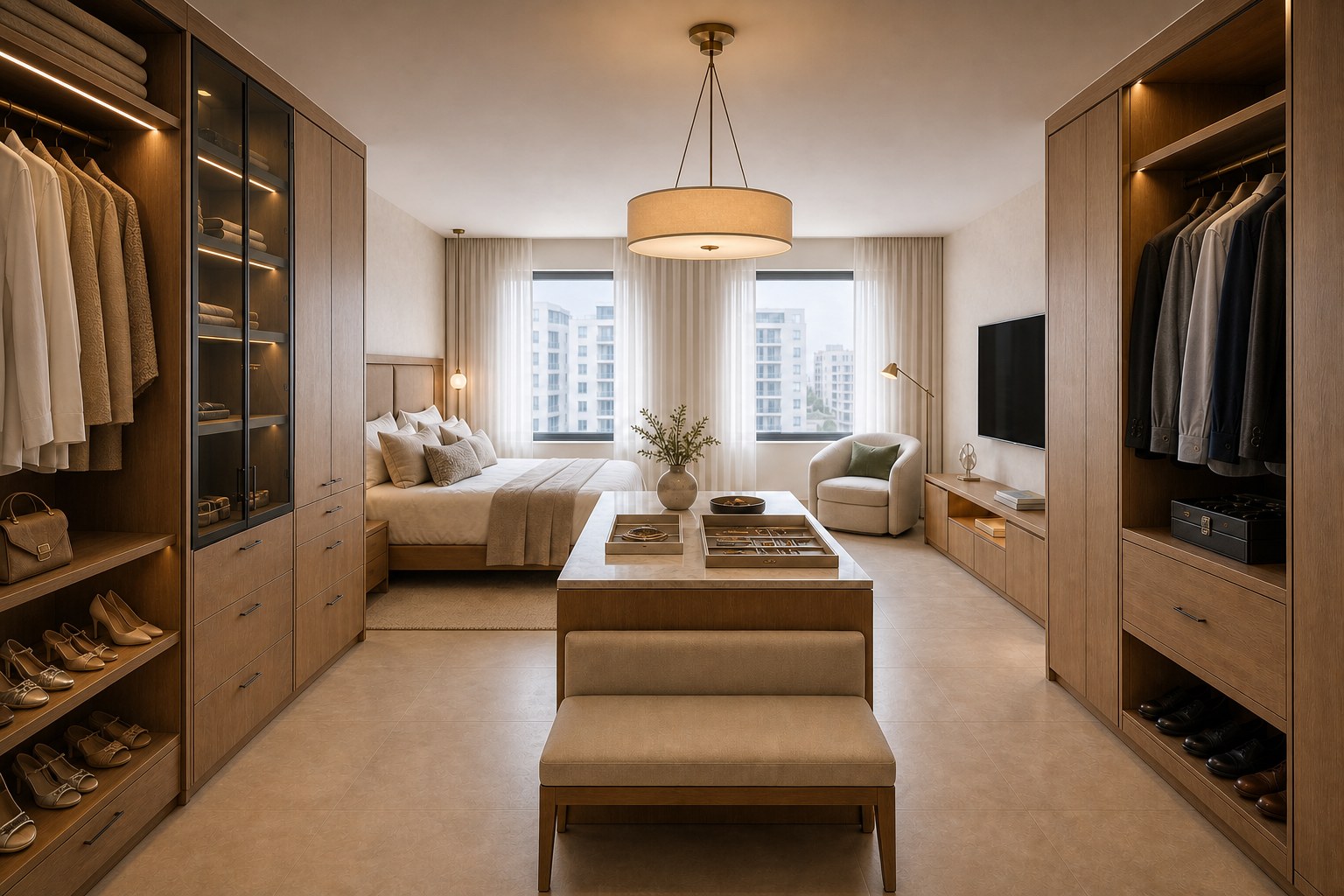 Design visualization of the primary suite with custom wardrobes and central console