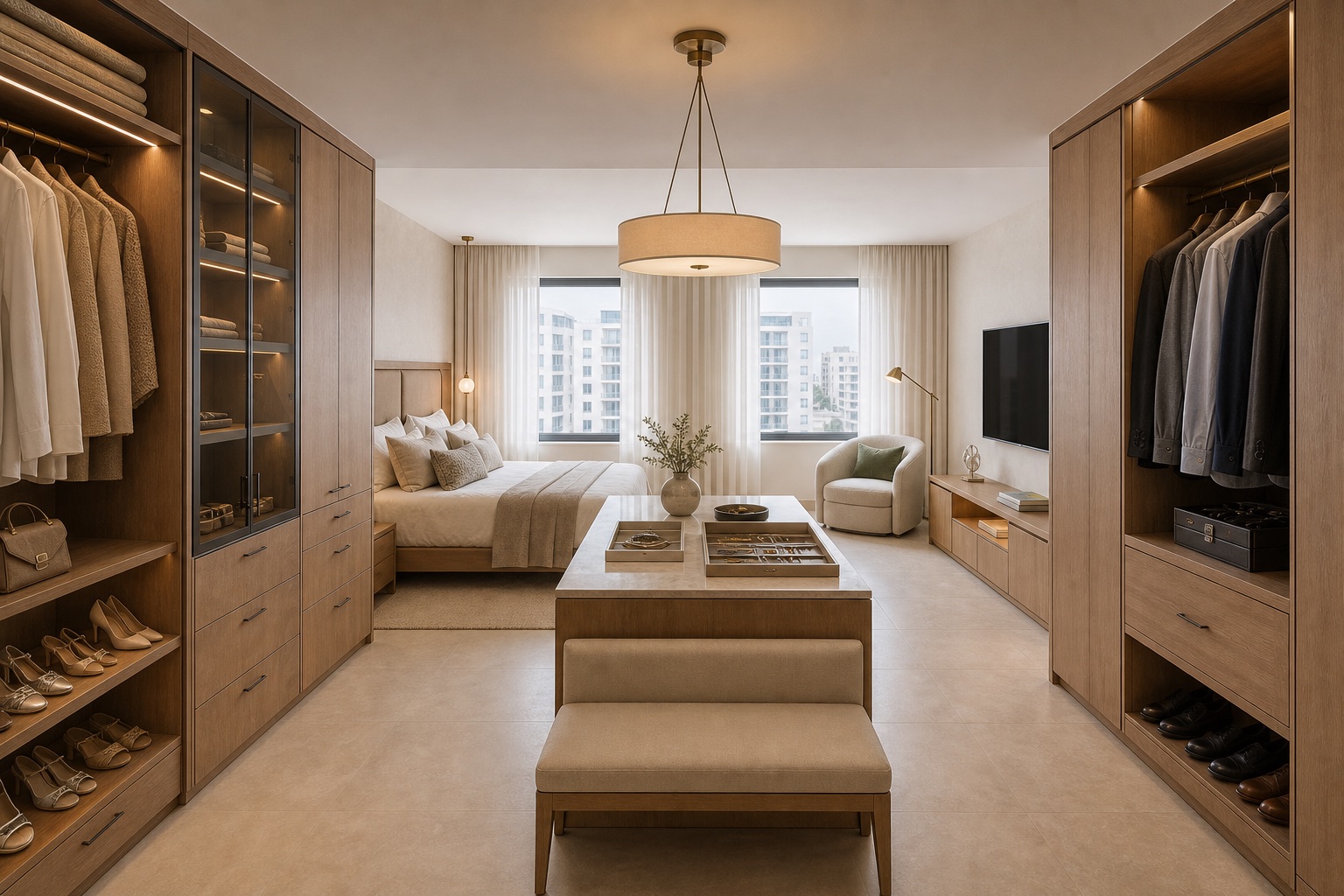 Wide design visualization of the open dressing area with two full walls of custom wardrobes
