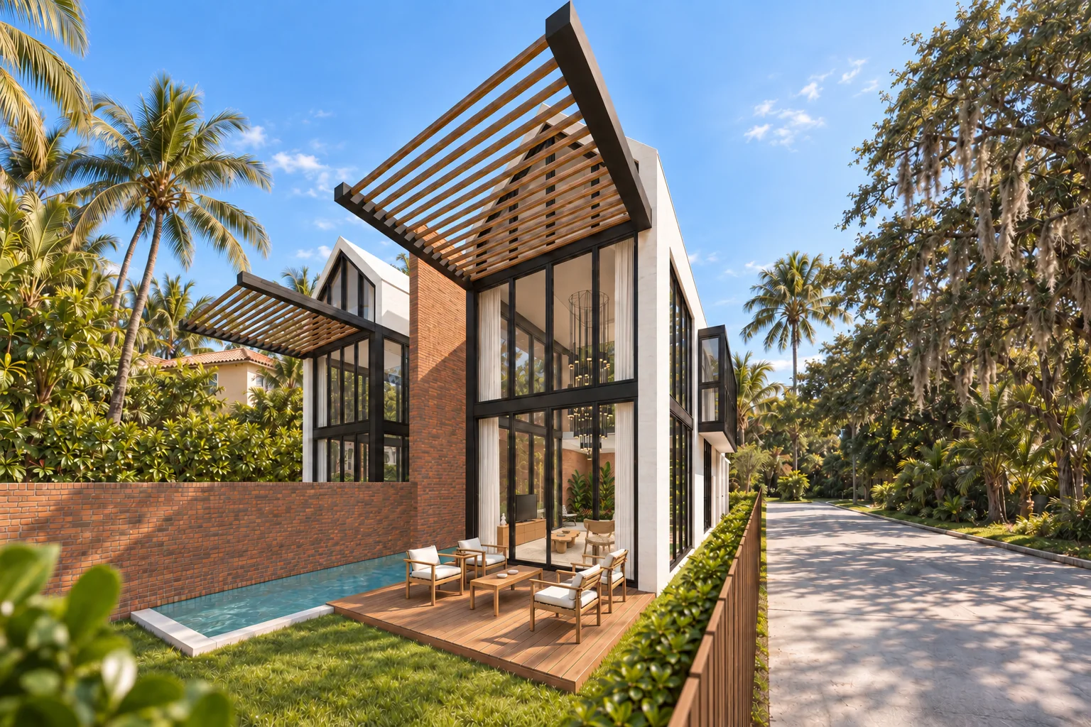 Trapp House in Miami: brick privacy wall, glass living room, pergola, narrow pool and separate timber terrace
